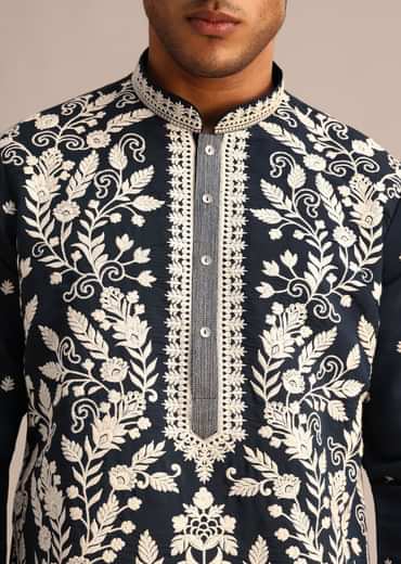 Navy Blue Kurta Set With Floral Resham Work