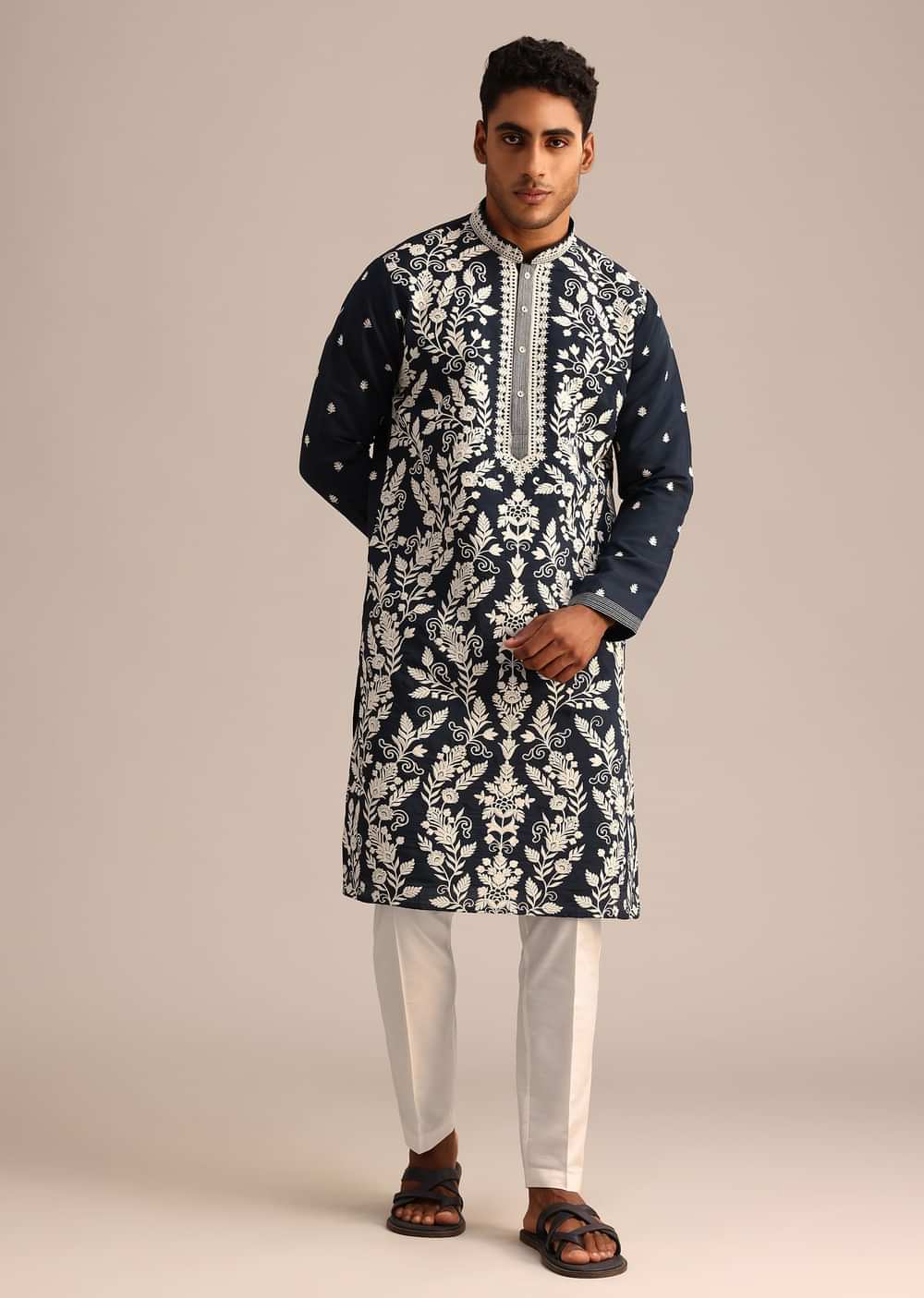 Navy Blue Kurta Set With Floral Resham Work