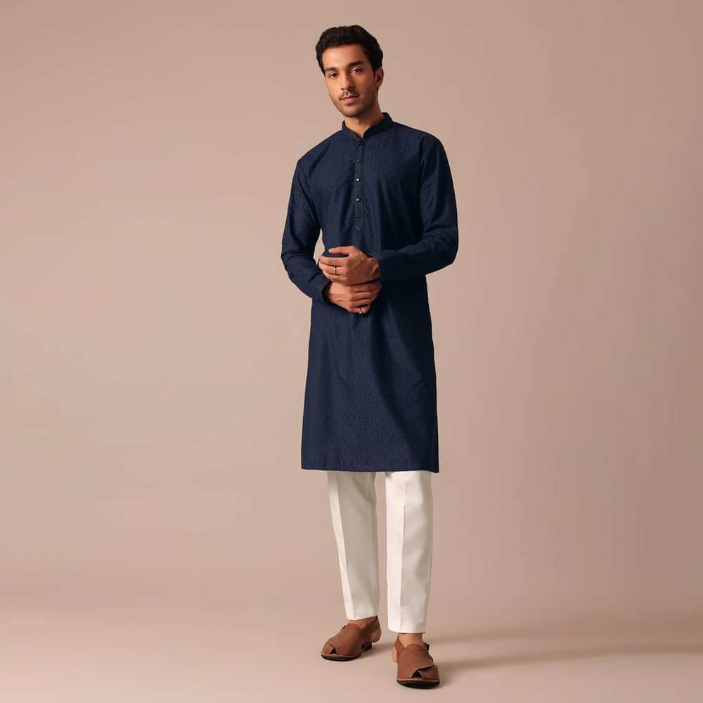 Navy Blue Kurta Set With Lucknowi Work