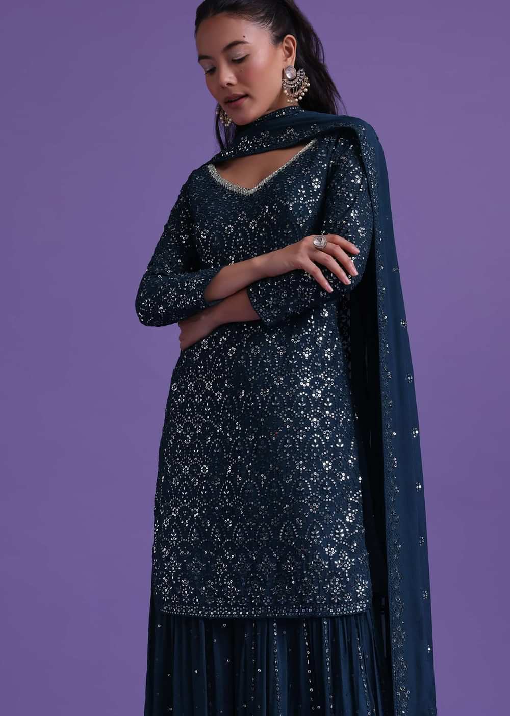 Navy Blue Kurta Sharara Set In Chinon With Sequins Embelllishment