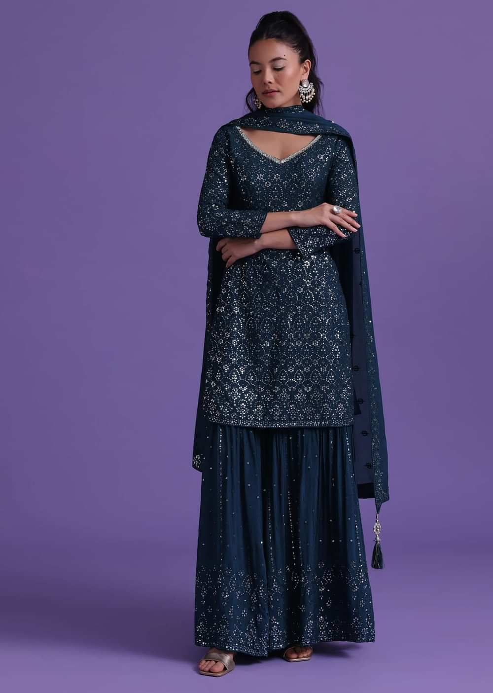 Navy Blue Kurta Sharara Set In Chinon With Sequins Embelllishment