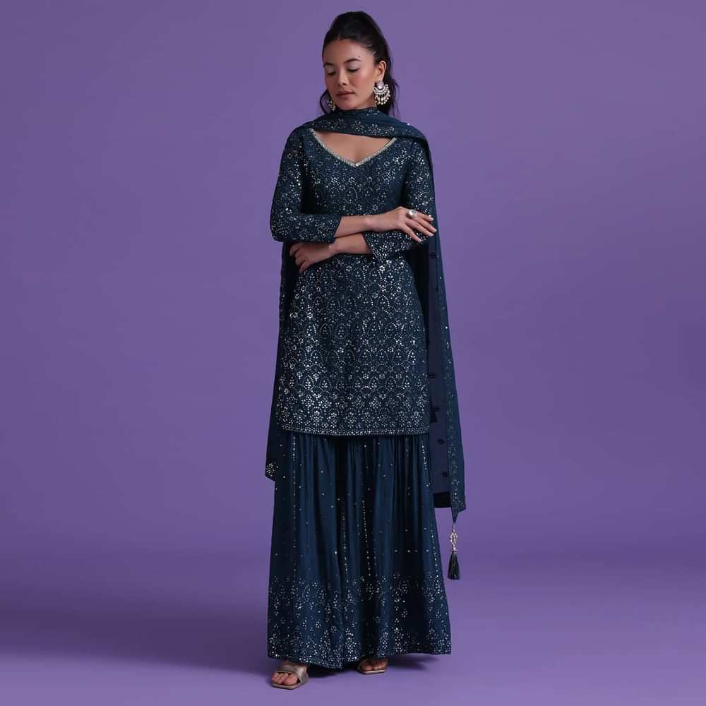 Navy Blue Kurta Sharara Set In Chinon With Sequins Embelllishment