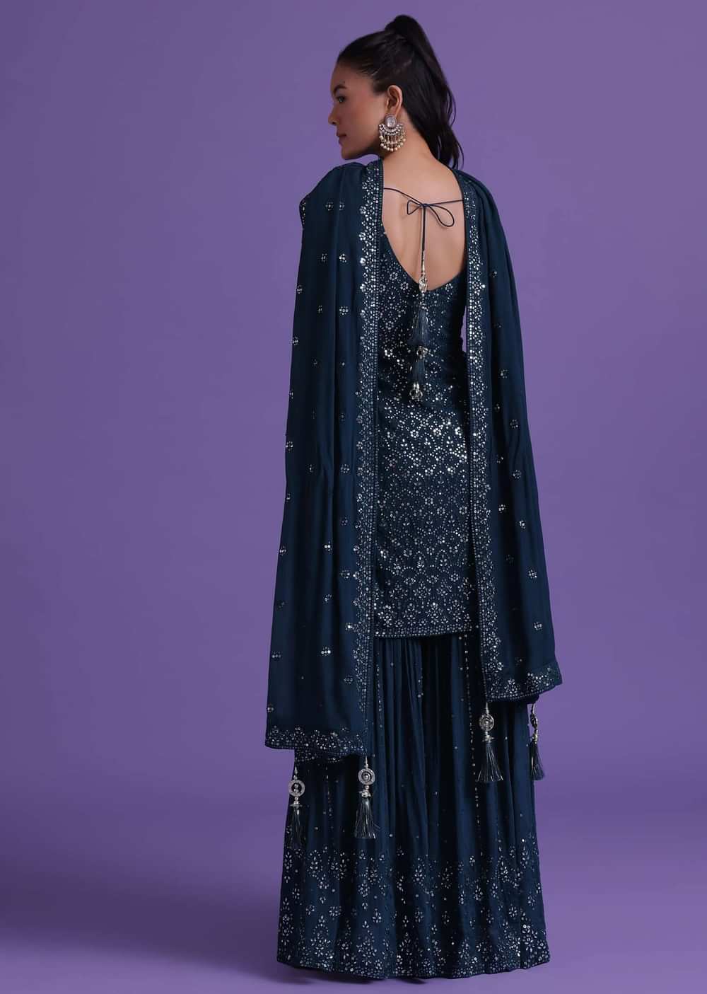 Navy Blue Kurta Sharara Set In Chinon With Sequins Embelllishment