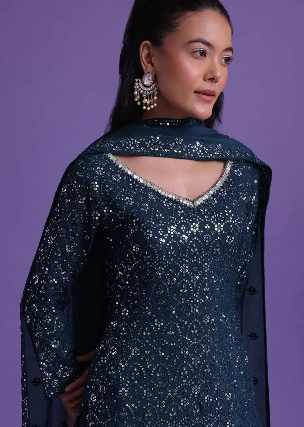 Navy Blue Kurta Sharara Set In Chinon With Sequins Embelllishment
