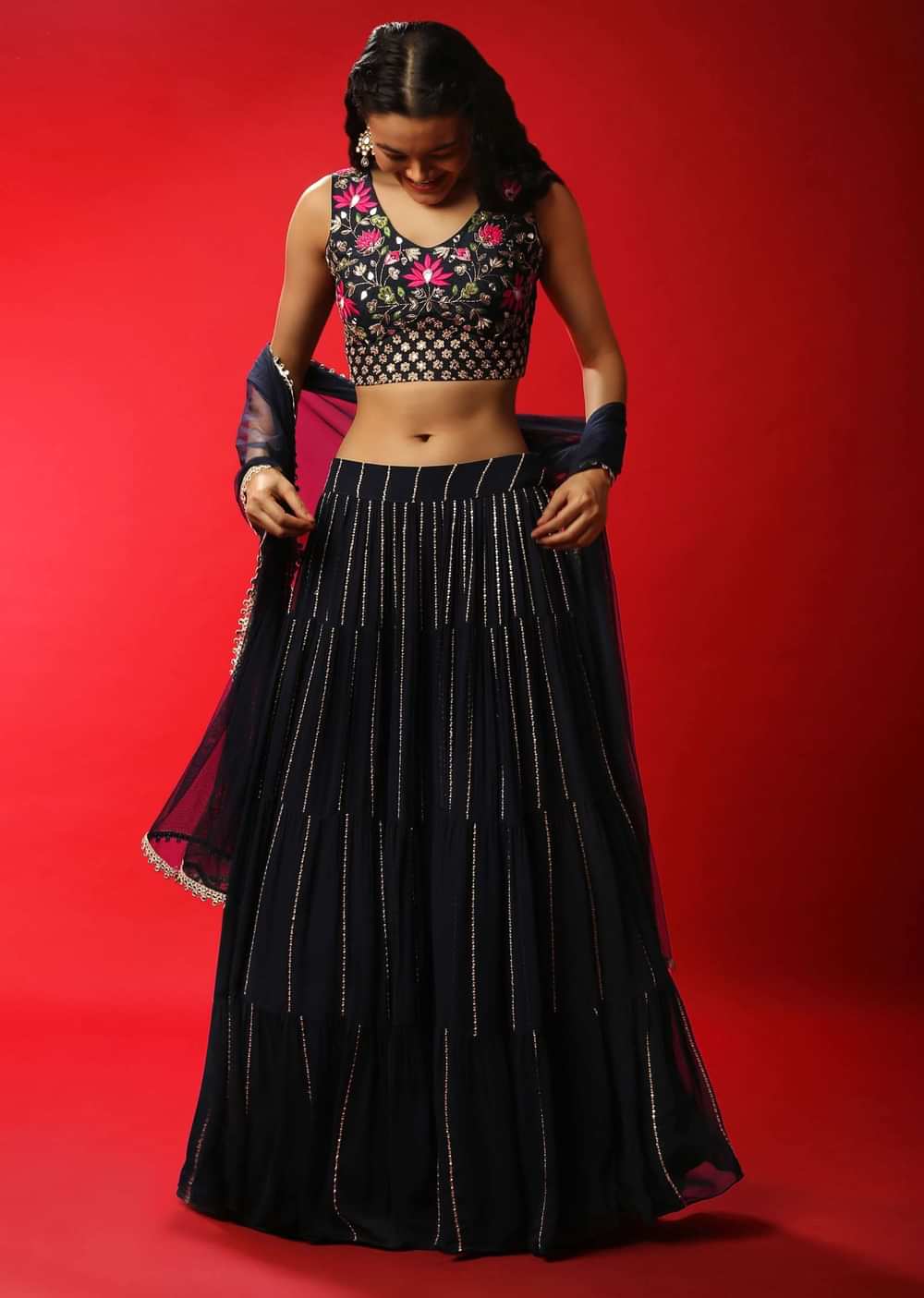 Navy Blue Lehenga Choli With Sequins Stripes And Multi Colored Resham Work