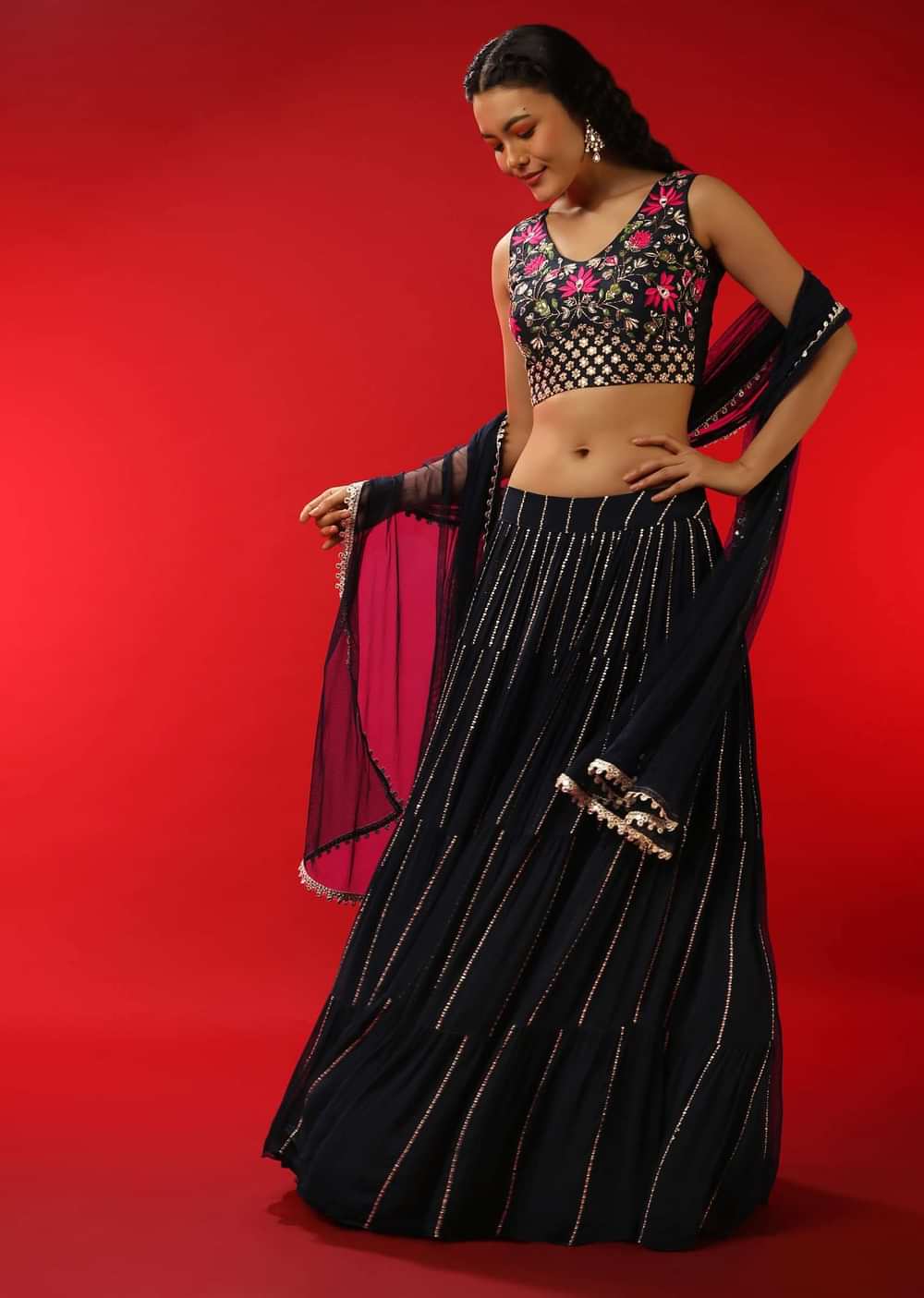 Navy Blue Lehenga Choli With Sequins Stripes And Multi Colored Resham Work