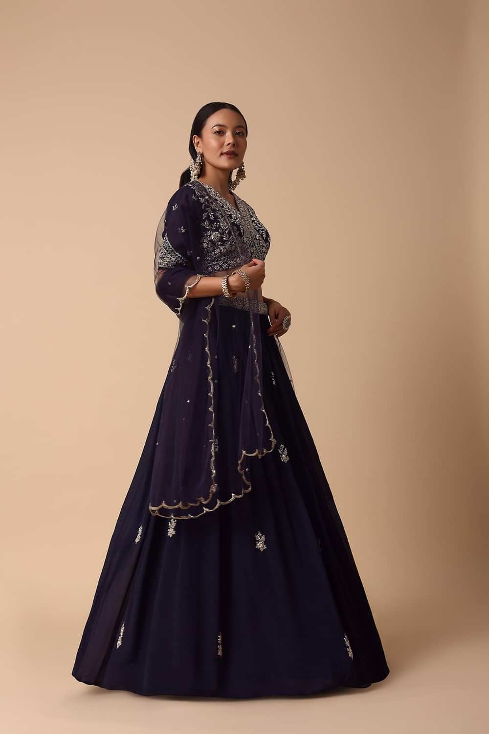 Navy Blue Lehenga With Embroidered Choli And Dupatta