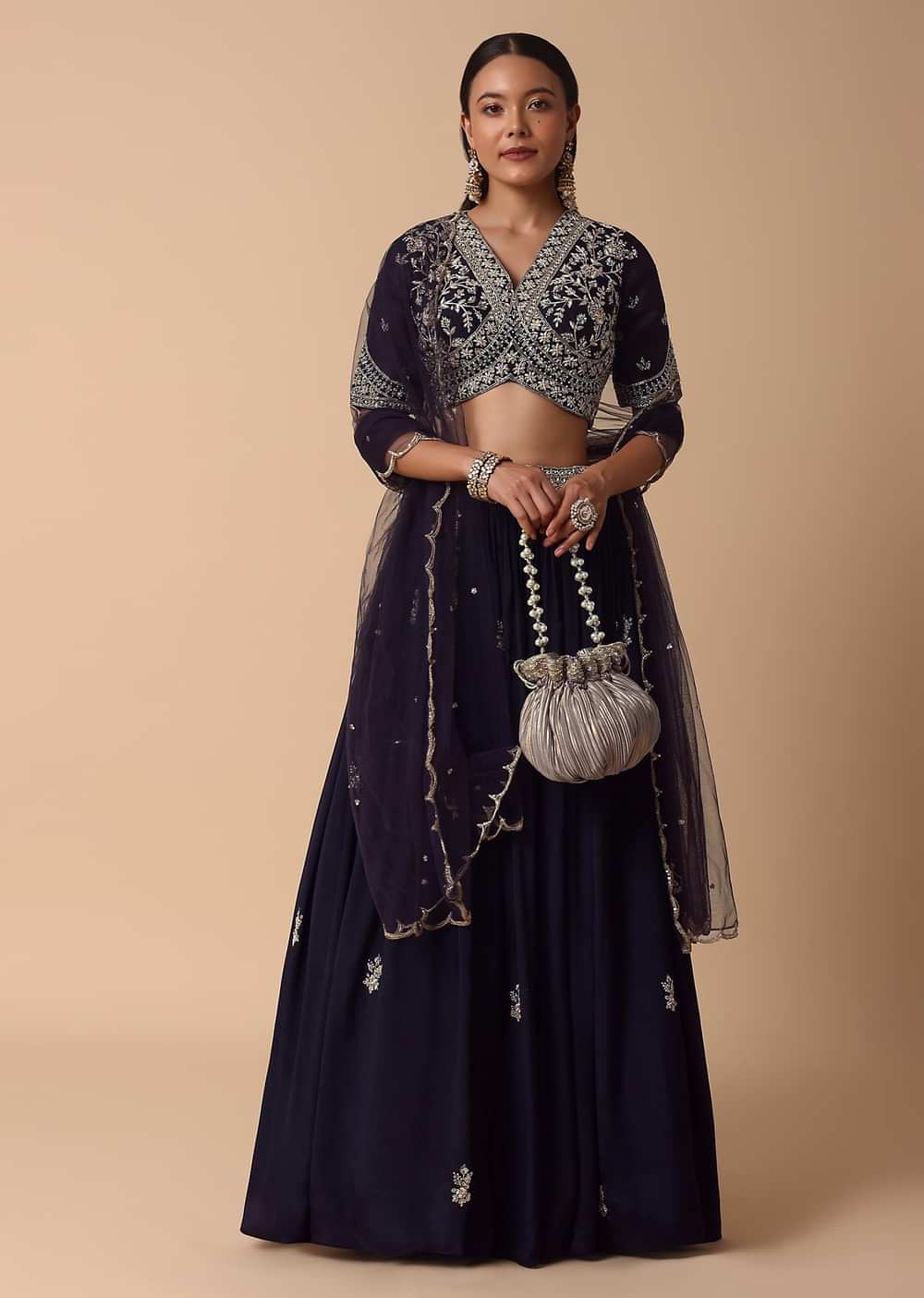 Navy Blue Lehenga With Embroidered Choli And Dupatta