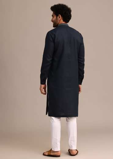 Navy Blue Linen Kurta Set With Floral Resham Handwork