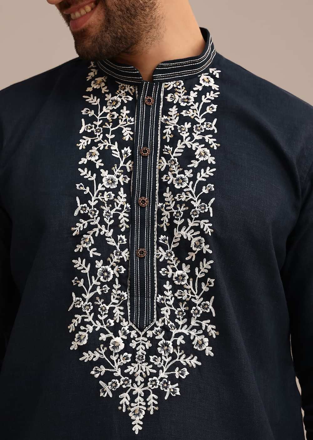 Navy Blue Linen Kurta Set With Floral Resham Handwork
