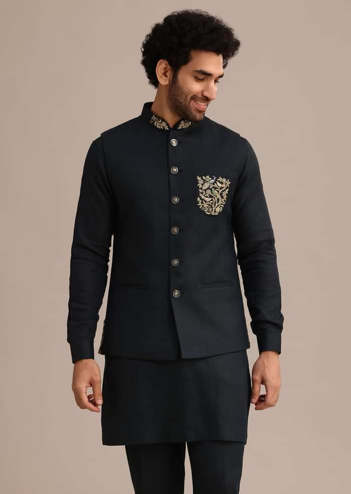Navy Blue Linen Zardosi Embroidered Jacket Kurta Set