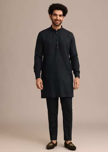 Navy Blue Linen Zardosi Embroidered Jacket Kurta Set
