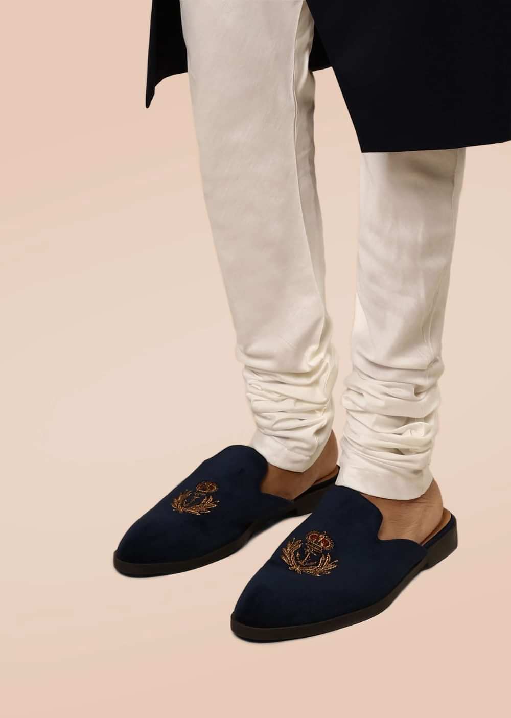 Navy Blue Mules In Suede With Zari Embroidered Motif