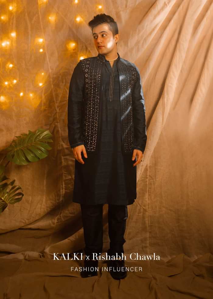 Navy Blue Nehru Jacket And Kurta Set In Tussar Silk With Resham And Mirror Abla Embroidered Geometric Design