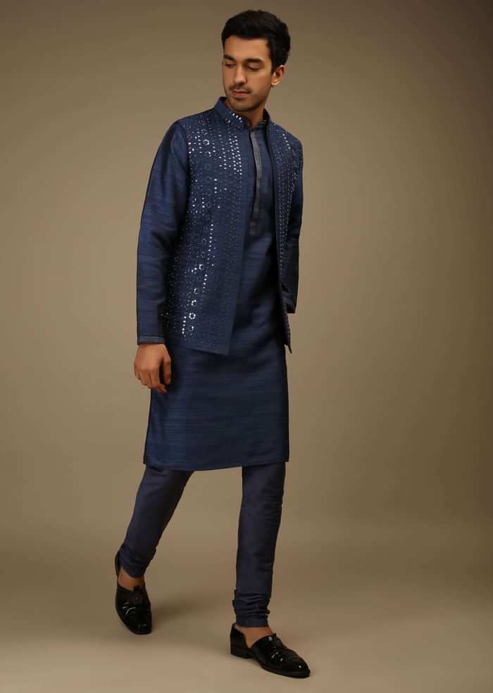 Navy Blue Nehru Jacket And Kurta Set In Tussar Silk With Resham And Mirror Abla Embroidered Geometric Design