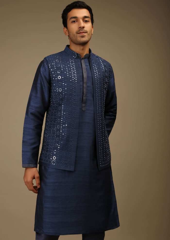Navy Blue Nehru Jacket And Kurta Set In Tussar Silk With Resham And Mirror Abla Embroidered Geometric Design