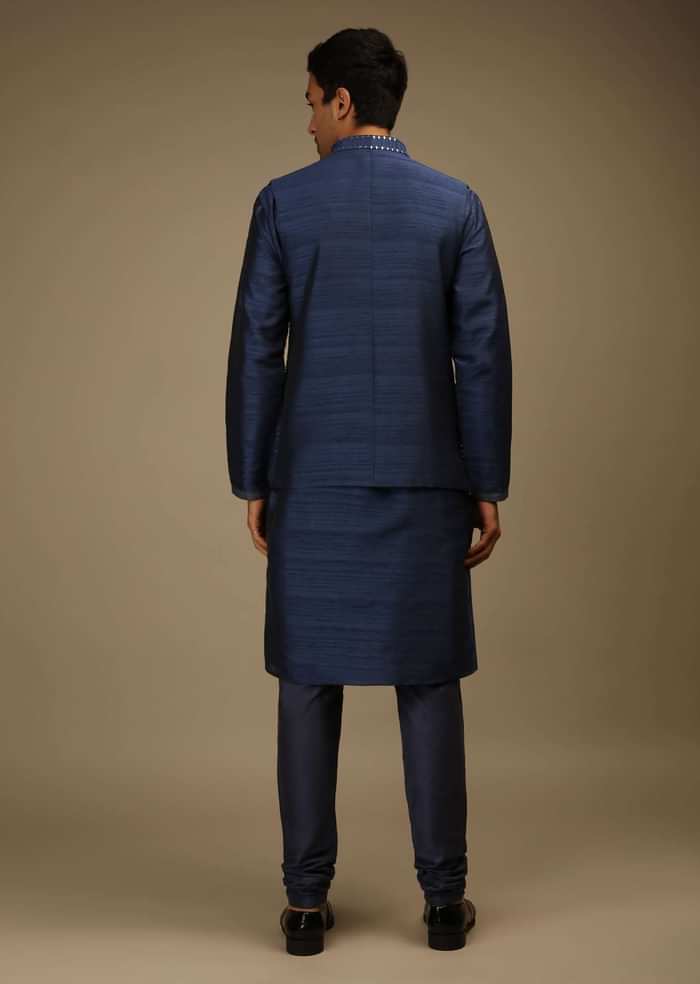 Navy Blue Nehru Jacket And Kurta Set In Tussar Silk With Resham And Mirror Abla Embroidered Geometric Design