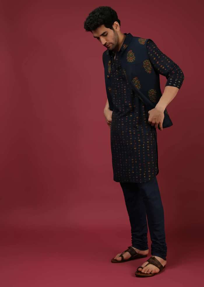 Navy Blue Nehru Jacket With Block Printed Floral Buttis And Geometric Printed Kurta Set