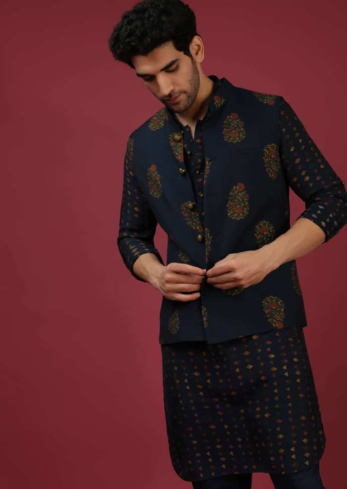 Navy Blue Nehru Jacket With Block Printed Floral Buttis And Geometric Printed Kurta Set
