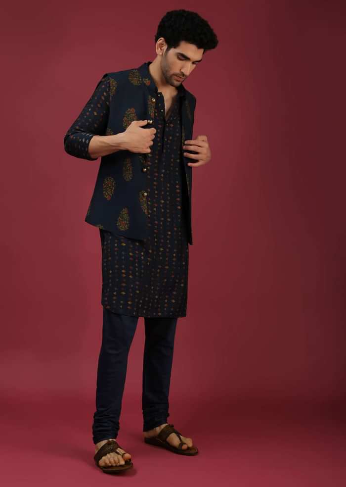 Navy Blue Nehru Jacket With Block Printed Floral Buttis And Geometric Printed Kurta Set