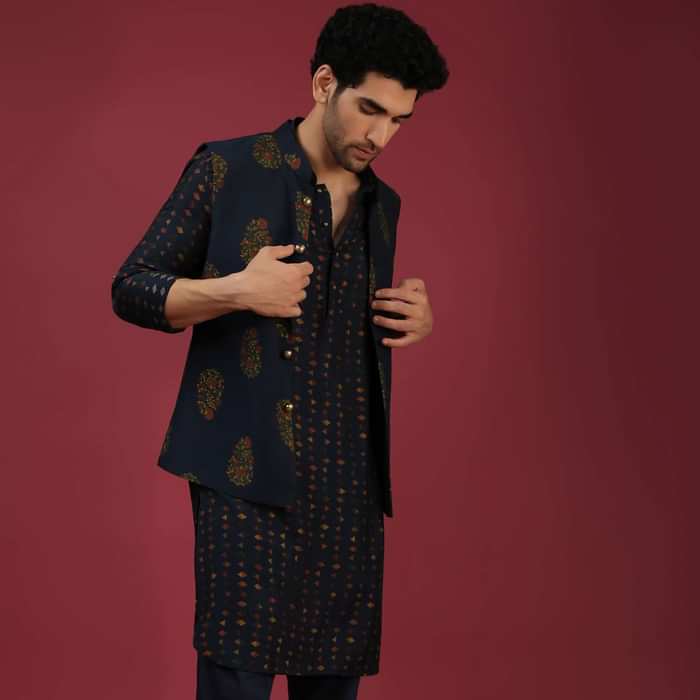 Navy Blue Nehru Jacket With Block Printed Floral Buttis And Geometric Printed Kurta Set
