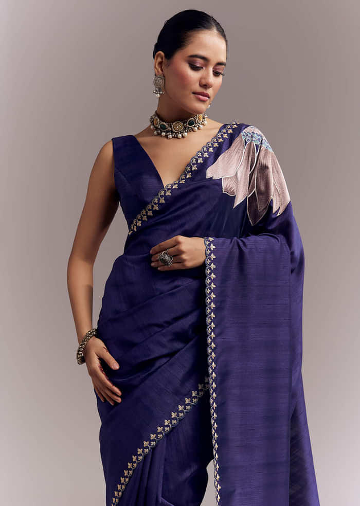 Navy Blue Organza Silk Saree With Floral Embroidery And Cutwork