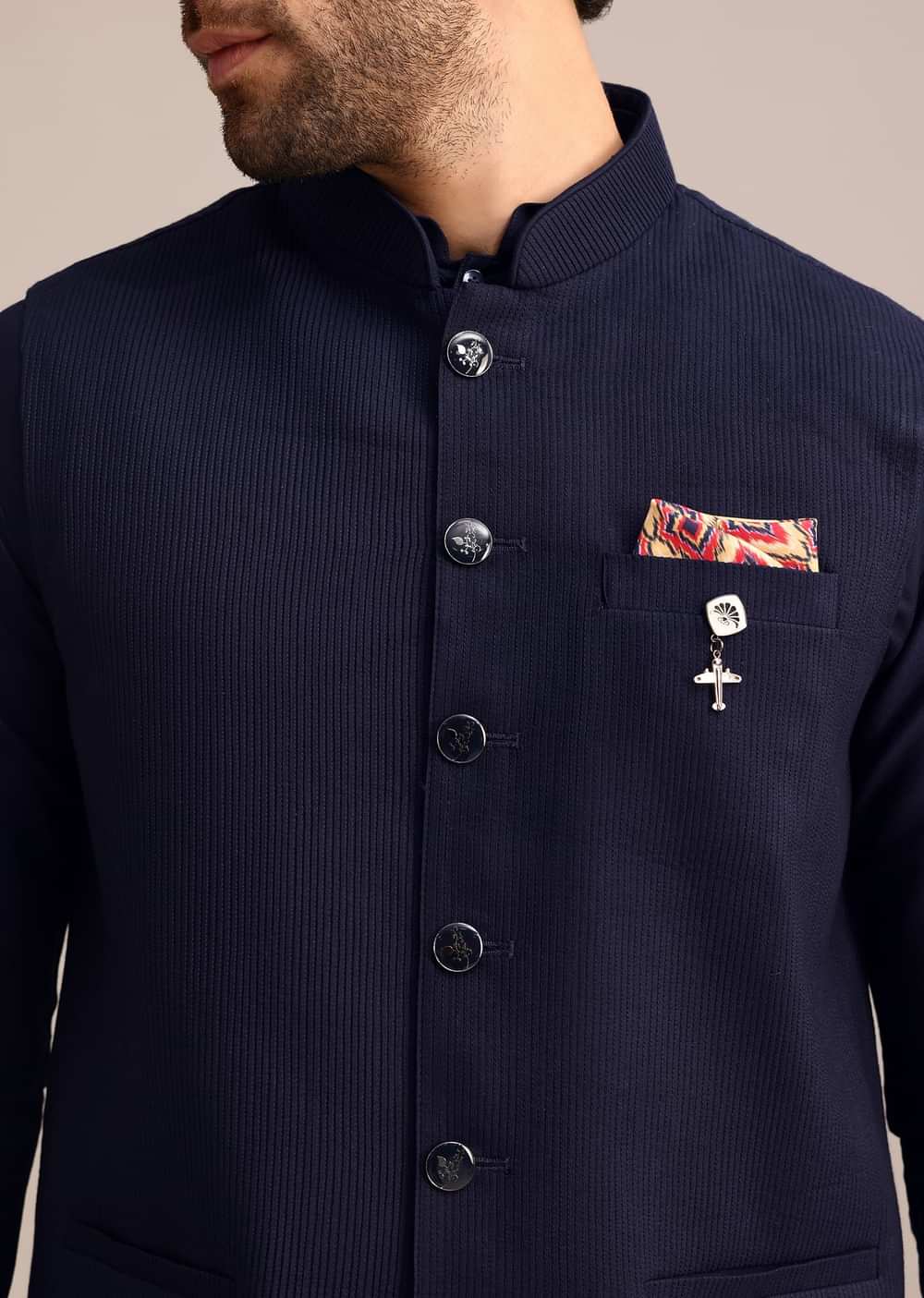 Navy Blue Pintuck Jacket And Kurta Set