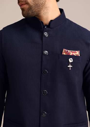 Navy Blue Pintuck Jacket And Kurta Set