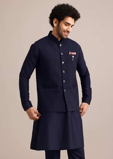 Navy Blue Pintuck Jacket And Kurta Set