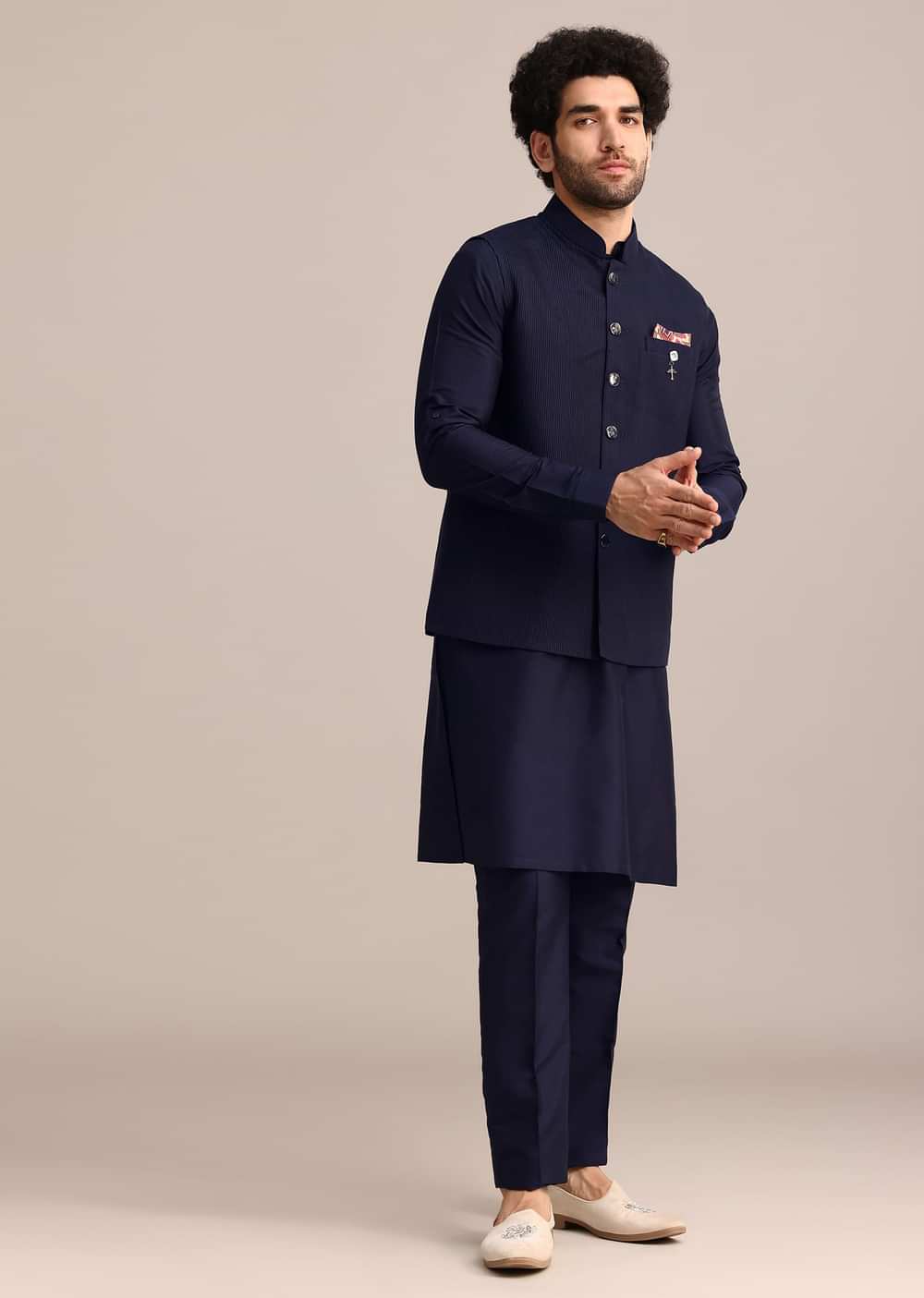 Navy Blue Pintuck Jacket And Kurta Set