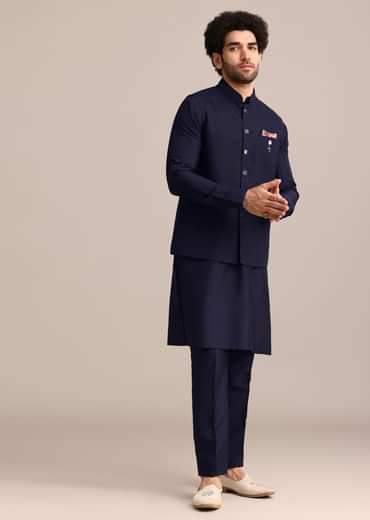 Navy Blue Pintuck Jacket And Kurta Set