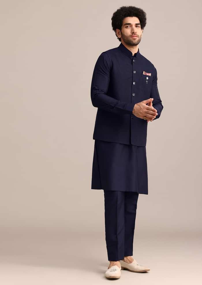 Navy Blue Pintuck Jacket And Kurta Set