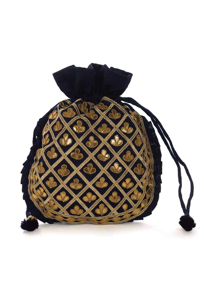 Navy blue potli bag beautified in gotta patti embroidered work only on Kalki