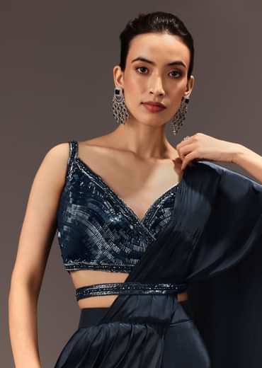 Navy Blue Pre Draped Saree With Sequin Blouse And Belt