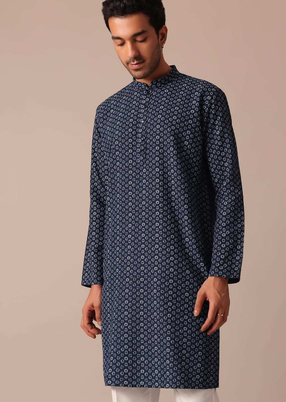 Navy Blue Printed Kurta Set In Denim With Mandarin Collar