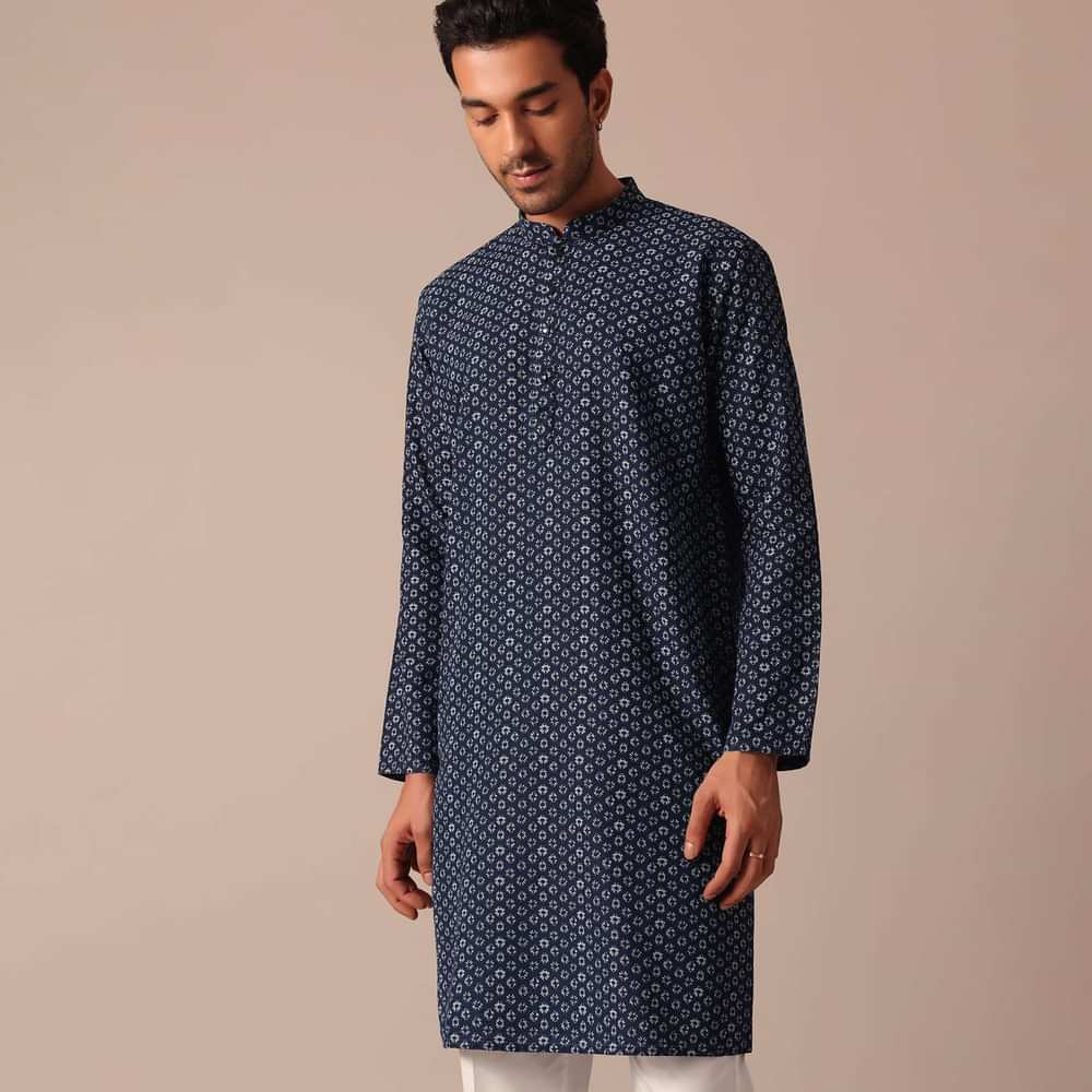 Navy Blue Printed Kurta Set In Denim With Mandarin Collar