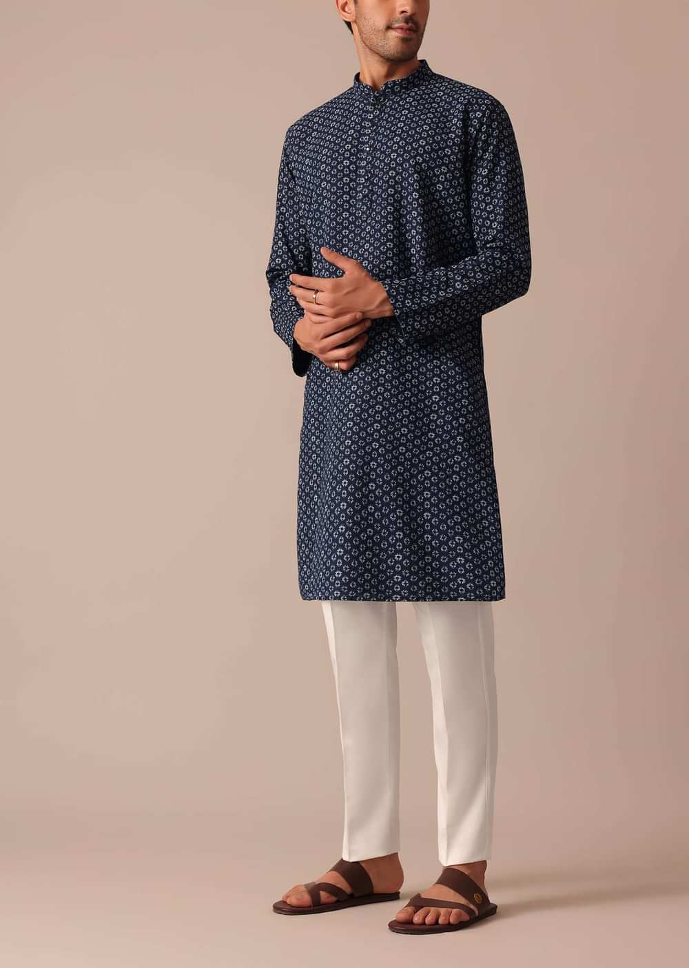Navy Blue Printed Kurta Set In Denim With Mandarin Collar