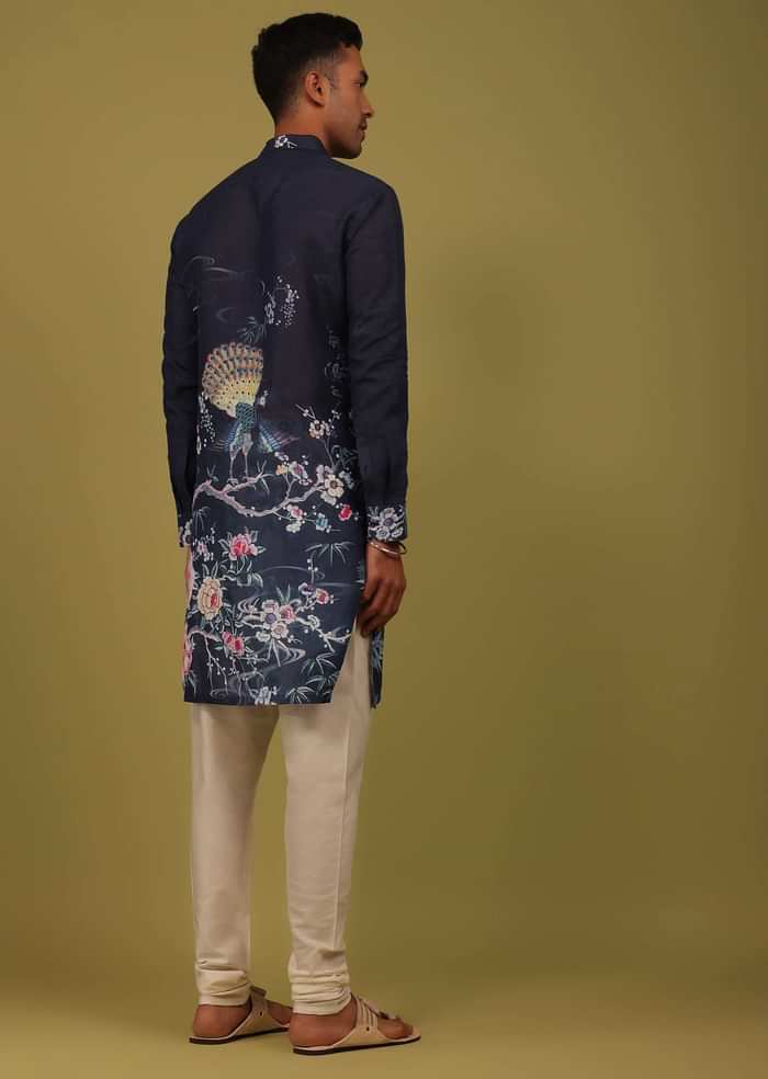 Navy Blue Printed Linen Kurta
