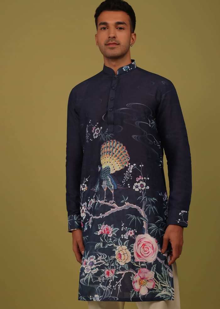 Navy Blue Printed Linen Kurta