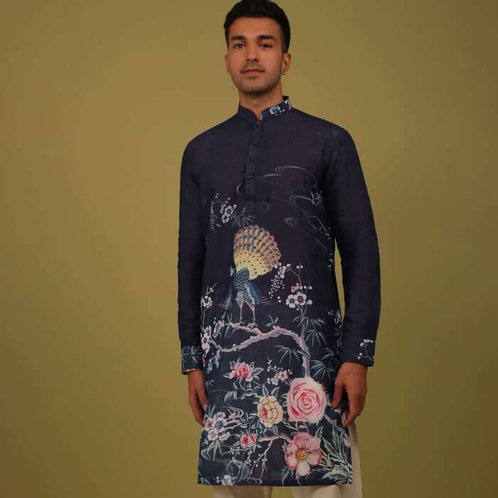 Navy Blue Printed Linen Kurta