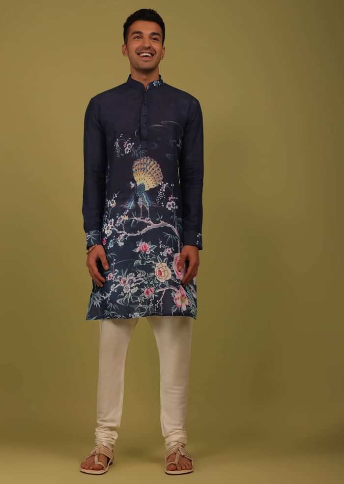Navy Blue Printed Linen Kurta
