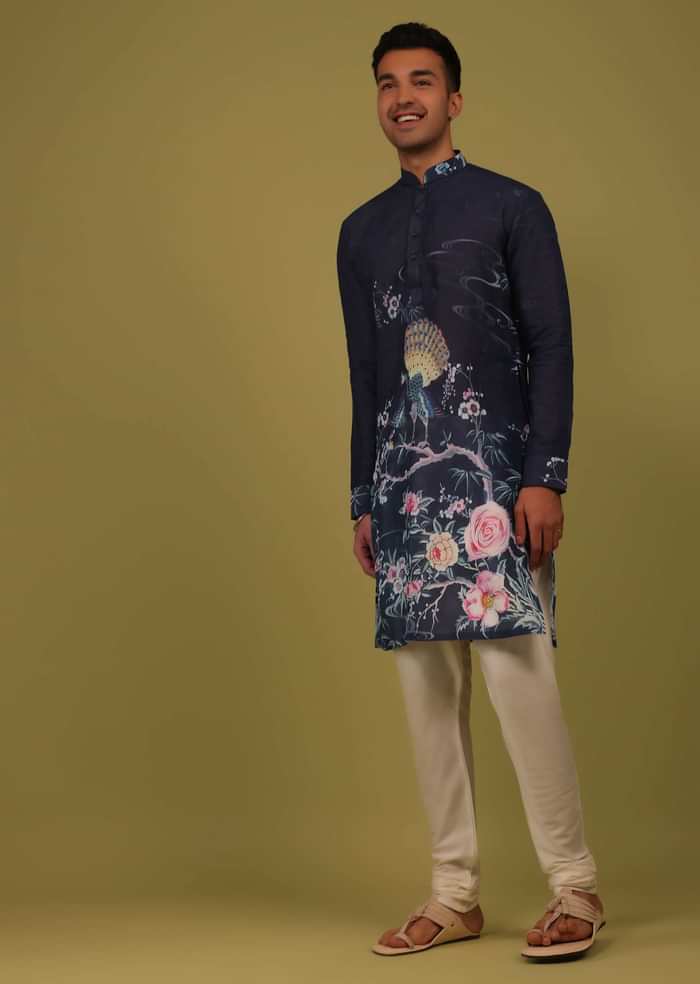 Navy Blue Printed Linen Kurta