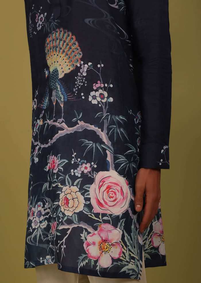 Navy Blue Printed Linen Kurta