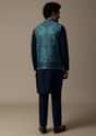 Navy Blue Printed Pashmina Silk Kurta Jacket Set For Men