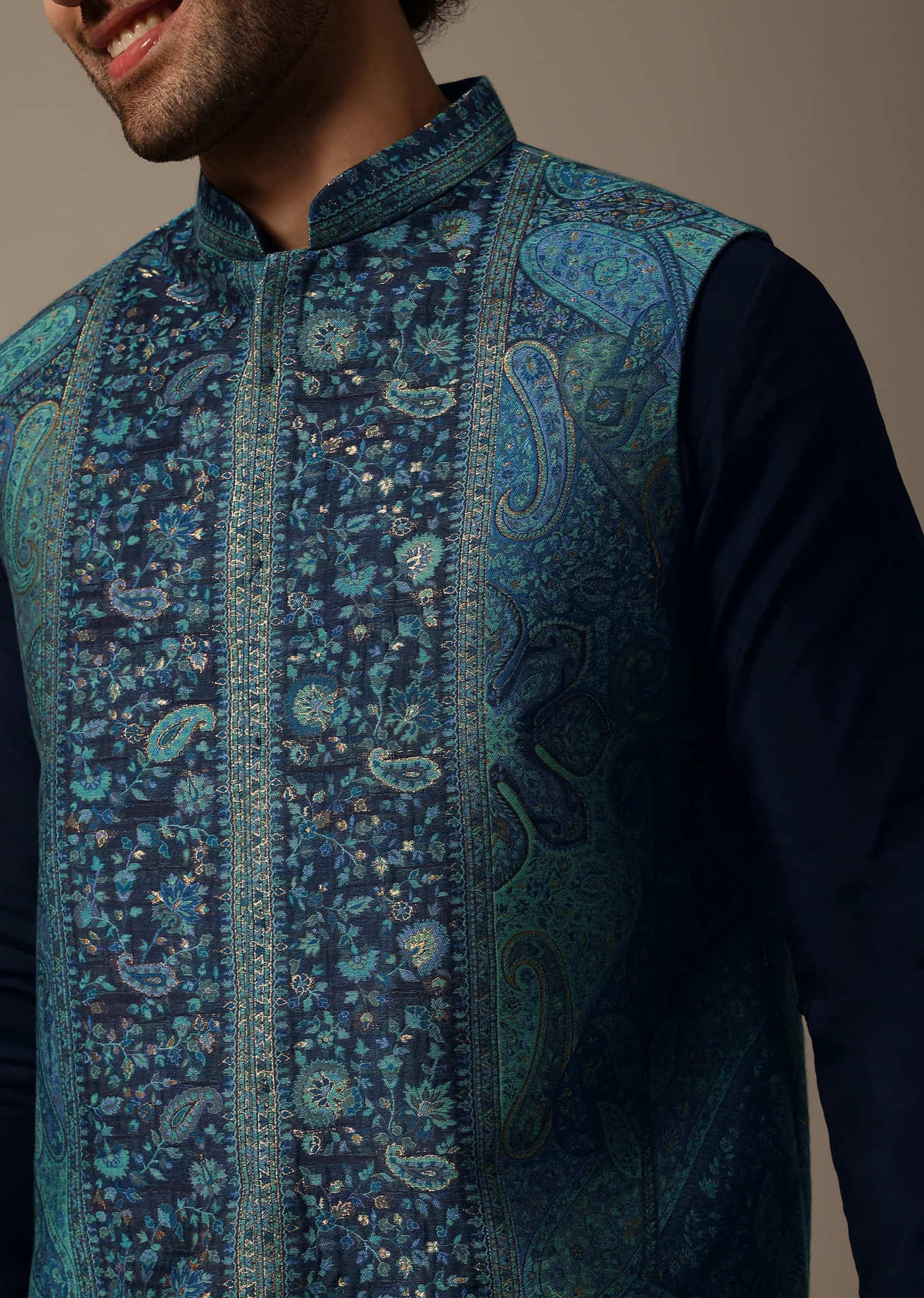 Navy Blue Printed Pashmina Silk Kurta Jacket Set For Men