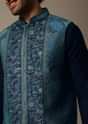 Navy Blue Printed Pashmina Silk Kurta Jacket Set For Men