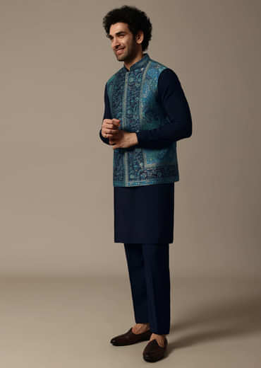 Navy Blue Printed Pashmina Silk Kurta Jacket Set For Men