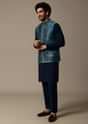 Navy Blue Printed Pashmina Silk Kurta Jacket Set For Men
