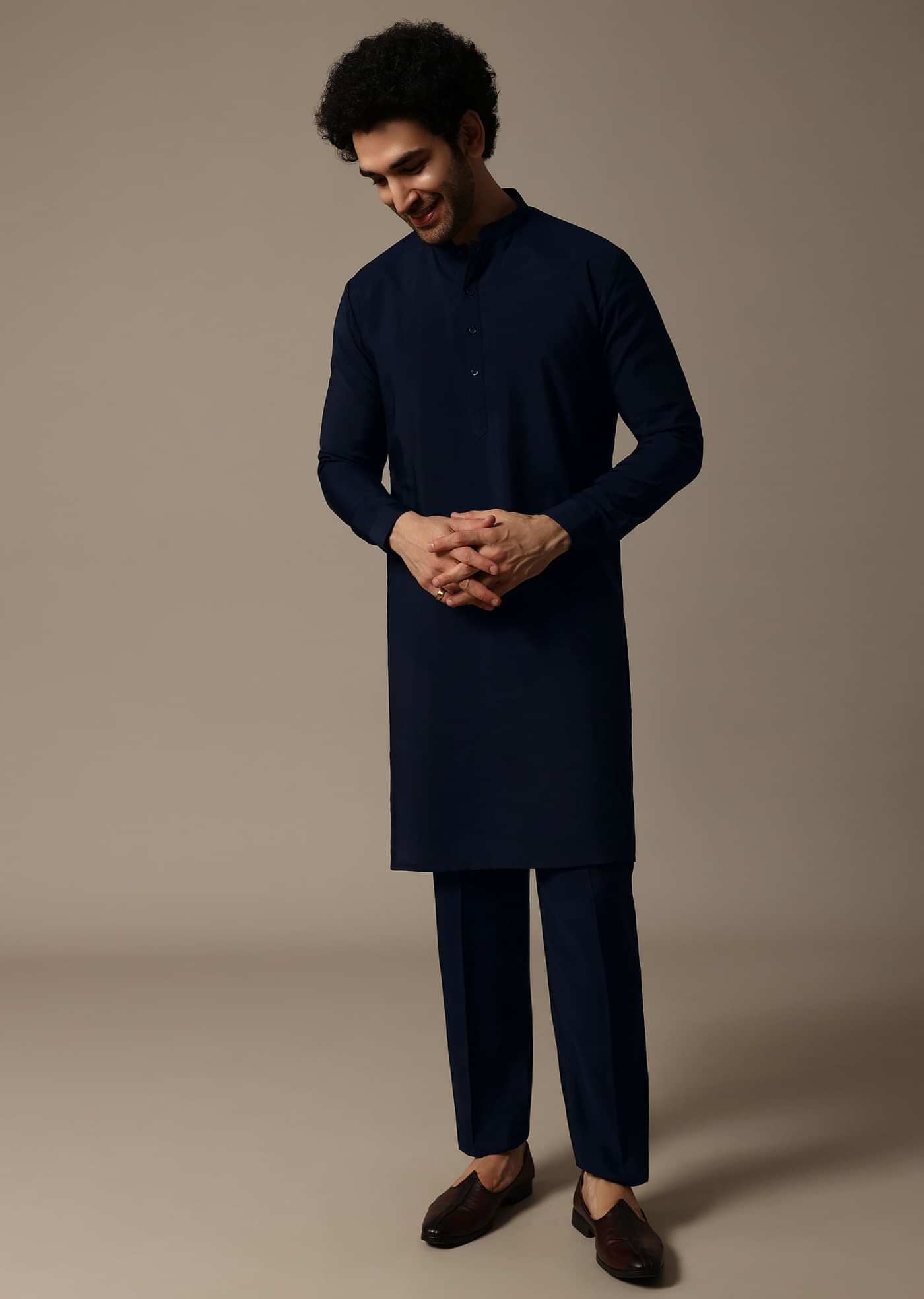 Navy Blue Printed Pashmina Silk Kurta Jacket Set For Men