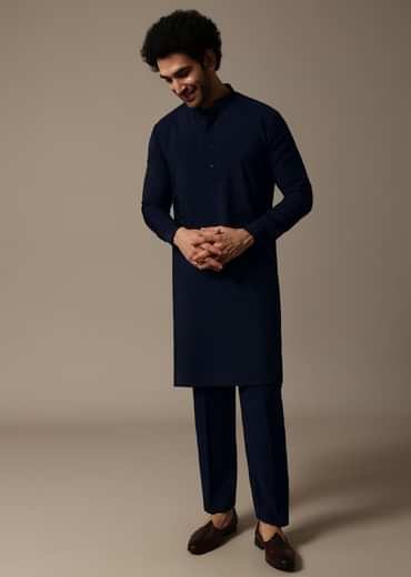 Navy Blue Printed Pashmina Silk Kurta Jacket Set For Men